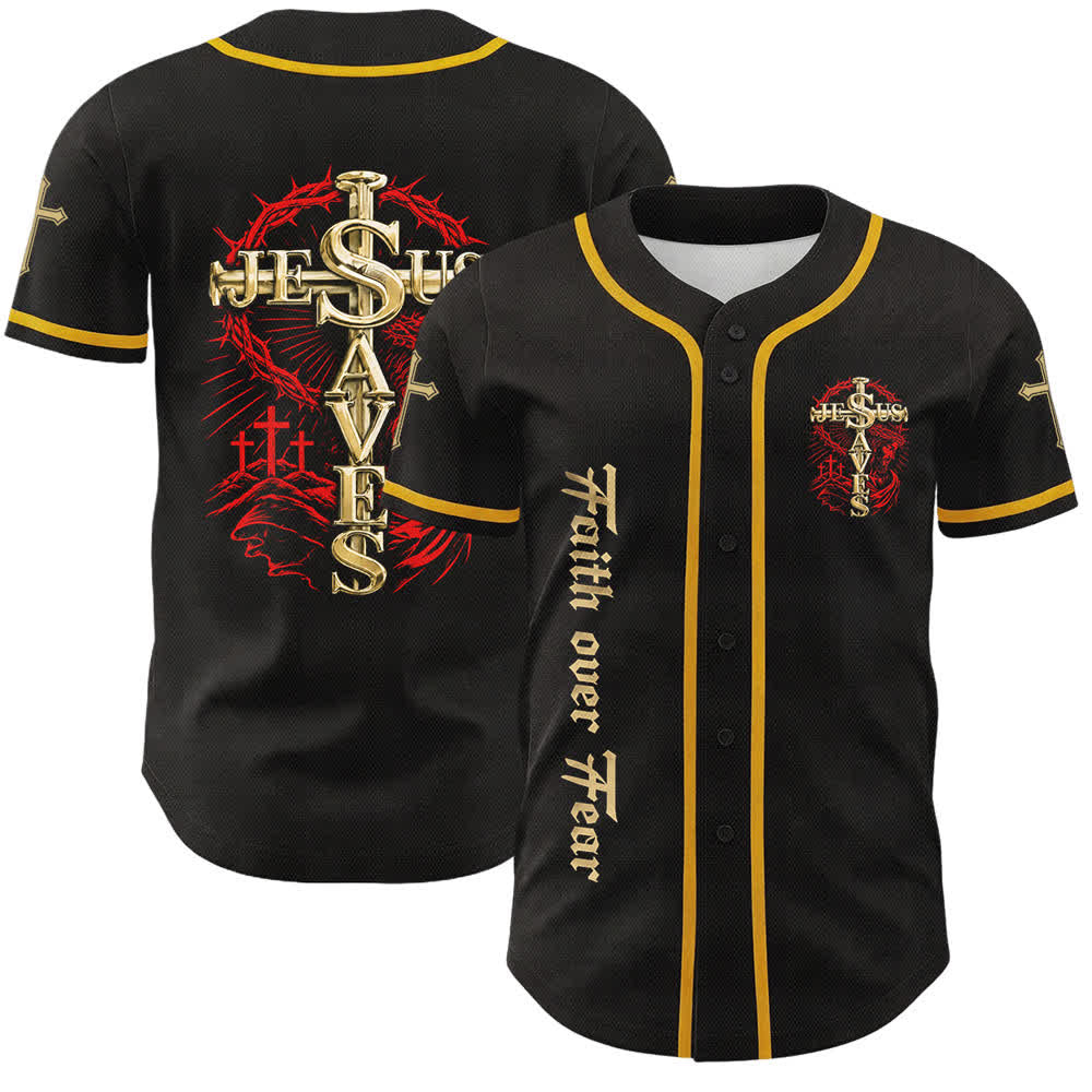 Christianartworkshop Faith Over Fear Jesus Saves Thorn Cross Unisex Baseball Jersey - Yellow - 5XL - image 0