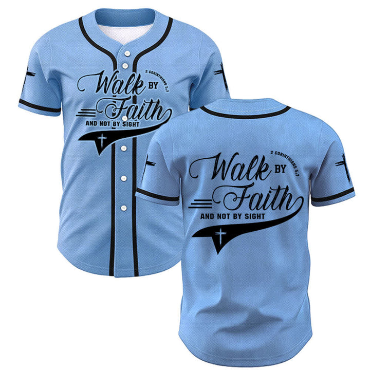 Christianartworkshop 2 Corinthians 5:7 “Walk By Faith And Not By Sight” Cross Statement Baseball Jersey - Blue - 5XL - image 42