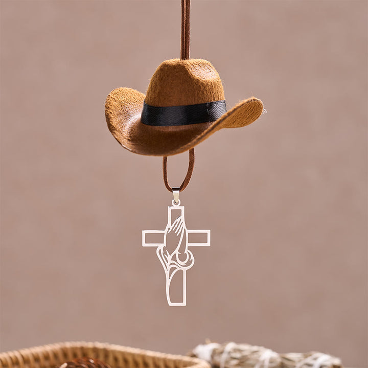 Christianartworkshop Mini Cowboy Hat Praying Hands Cross Car Pendant: Symbol of Peaceful Traveling Grace - image 5