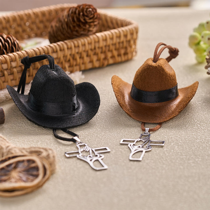Christianartworkshop Mini Cowboy Hat Praying Hands Cross Car Pendant: Symbol of Peaceful Traveling Grace - image 2