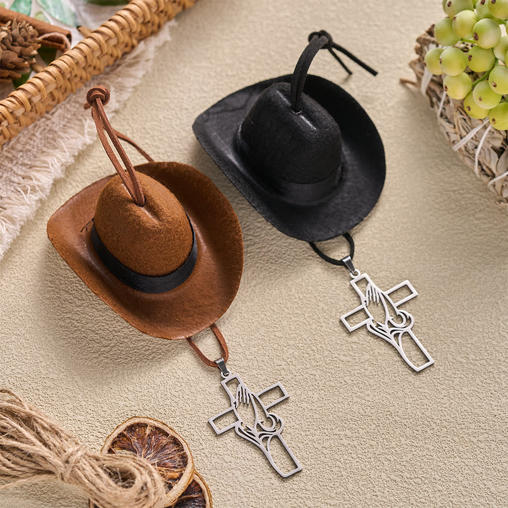 Christianartworkshop Mini Cowboy Hat Praying Hands Cross Car Pendant: Symbol of Peaceful Traveling Grace - image 3