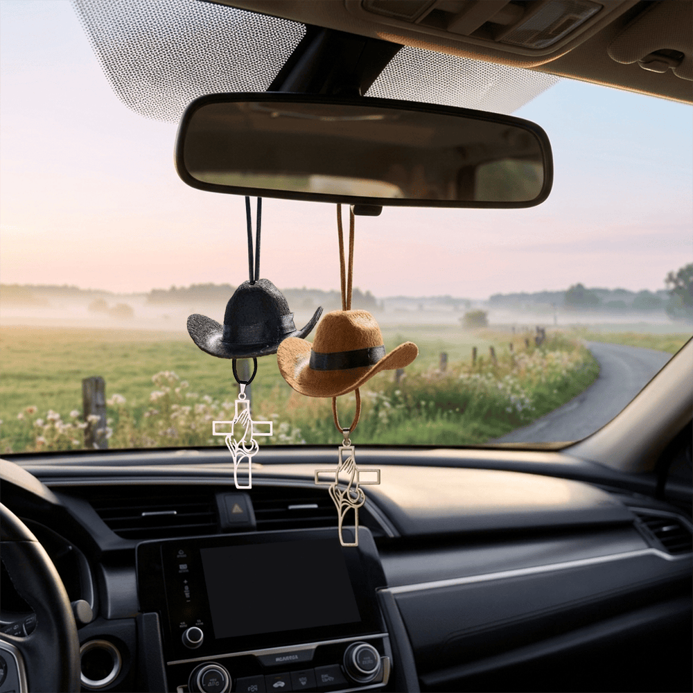 Christianartworkshop Mini Cowboy Hat Praying Hands Cross Car Pendant: Symbol of Peaceful Traveling Grace - image 1