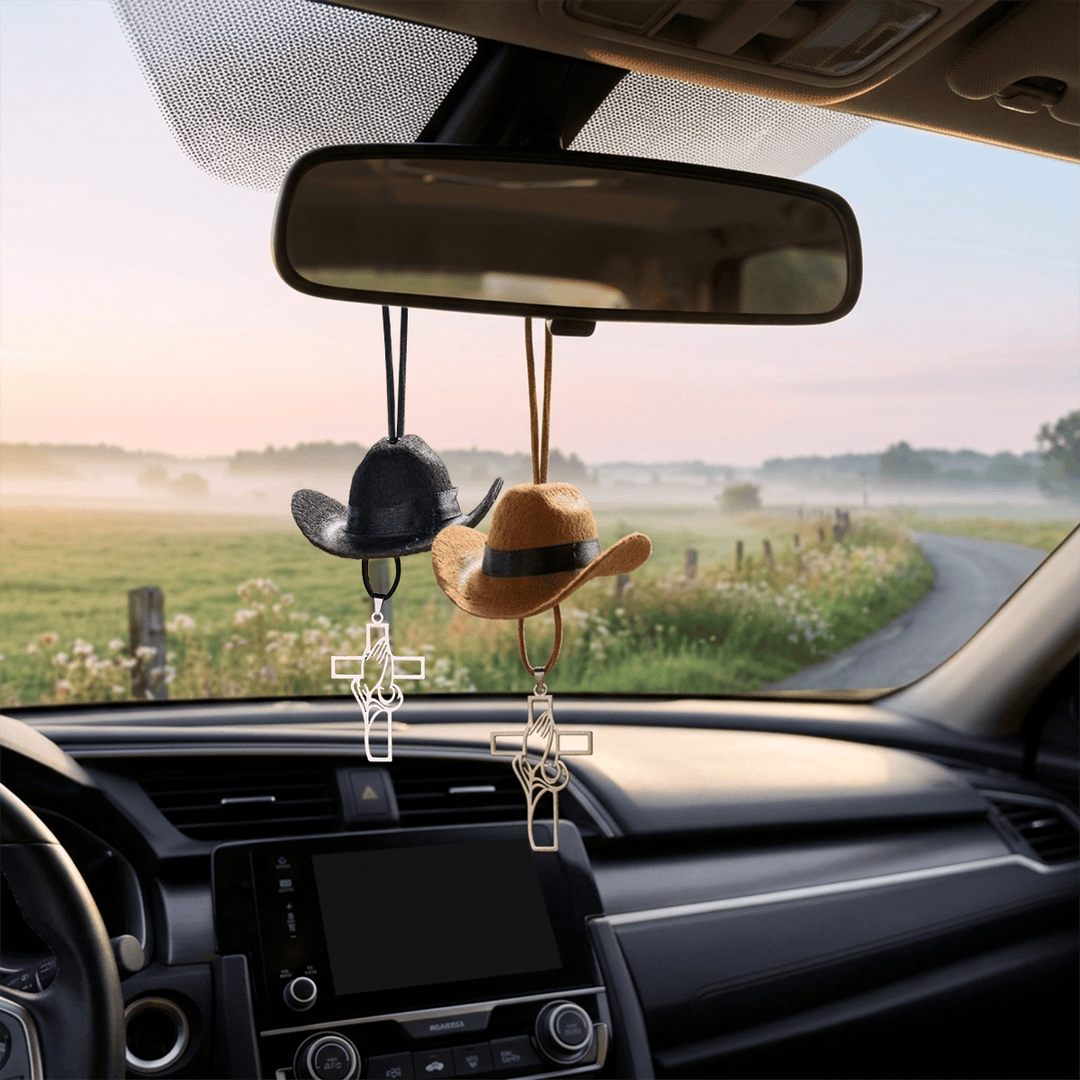 Christianartworkshop Mini Cowboy Hat Praying Hands Cross Car Pendant: Symbol of Peaceful Traveling Grace - image 1