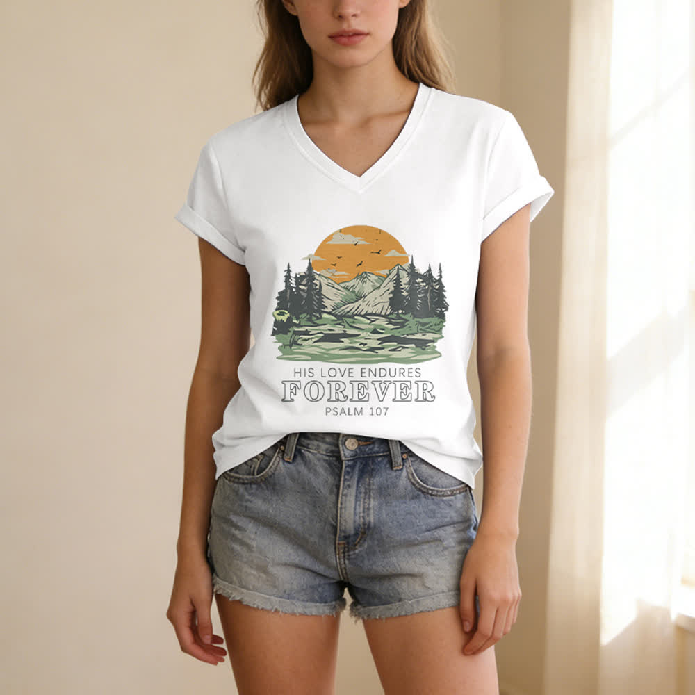 Christianartworkshop His Love Endures Forever Psalm 107 Mountain Scenery Print Casual V-neck T-shirt - image 5