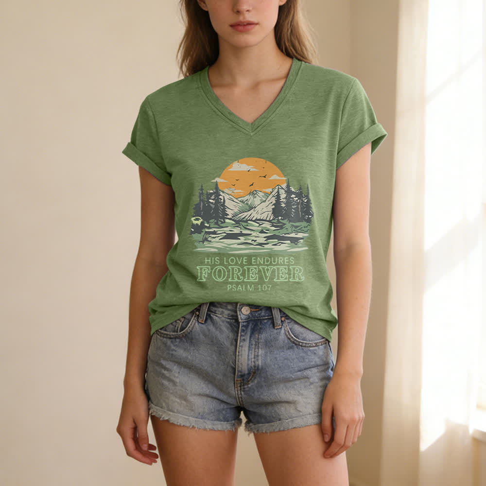 Christianartworkshop His Love Endures Forever Psalm 107 Mountain Scenery Print Casual V-neck T-shirt - image 7