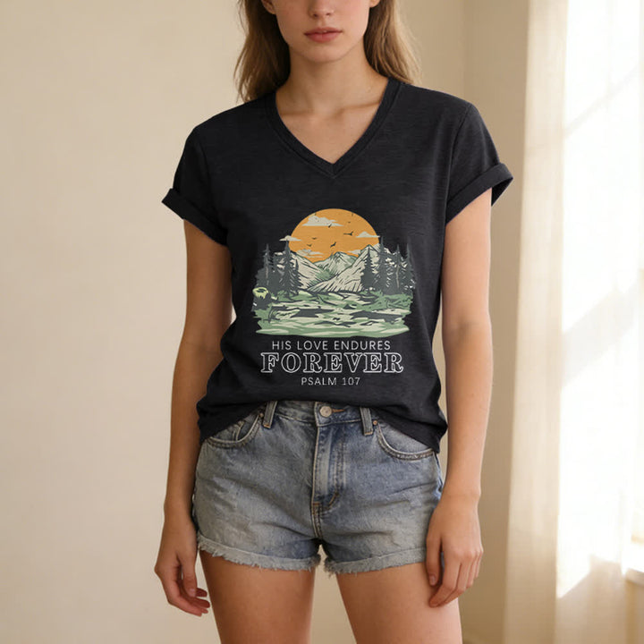 Christianartworkshop His Love Endures Forever Psalm 107 Mountain Scenery Print Casual V-neck T-shirt - image 13
