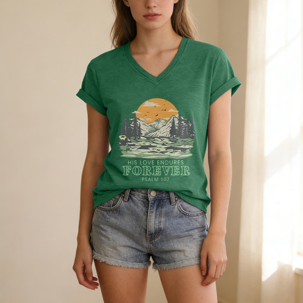Christianartworkshop His Love Endures Forever Psalm 107 Mountain Scenery Print Casual V-neck T-shirt - image 11