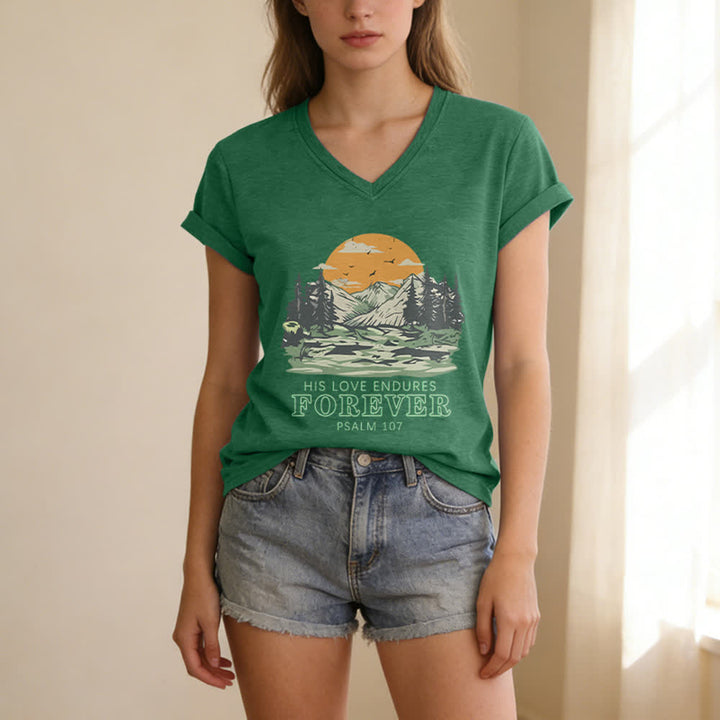 Christianartworkshop His Love Endures Forever Psalm 107 Mountain Scenery Print Casual V-neck T-shirt - image 11