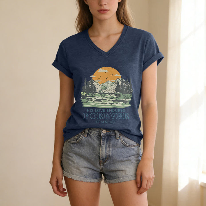 Christianartworkshop His Love Endures Forever Psalm 107 Mountain Scenery Print Casual V-neck T-shirt - image 9