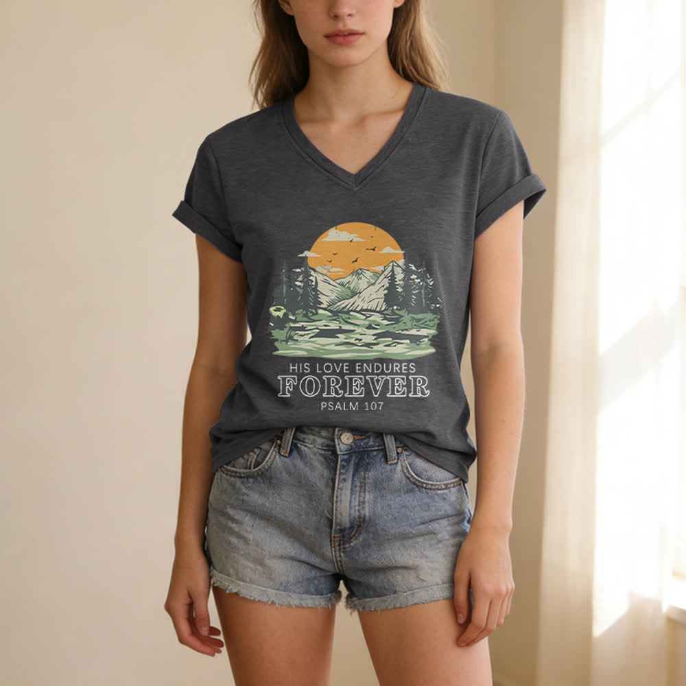 Christianartworkshop His Love Endures Forever Psalm 107 Mountain Scenery Print Casual V-neck T-shirt - image 1