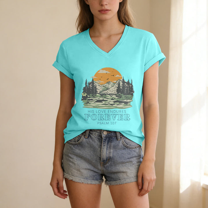 Christianartworkshop His Love Endures Forever Psalm 107 Mountain Scenery Print Casual V-neck T-shirt - image 21