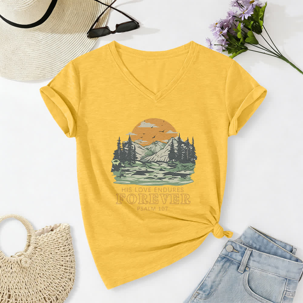 Christianartworkshop His Love Endures Forever Psalm 107 Mountain Scenery Print Casual V-neck T-shirt - Yellow - 2XL - image 24