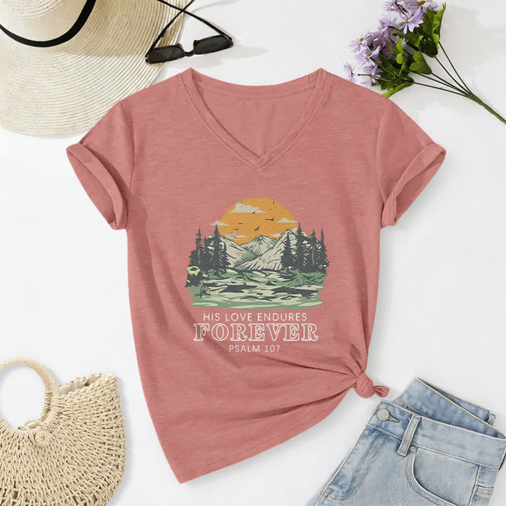 Christianartworkshop His Love Endures Forever Psalm 107 Mountain Scenery Print Casual V-neck T-shirt - Light Pink - 2XL - image 18