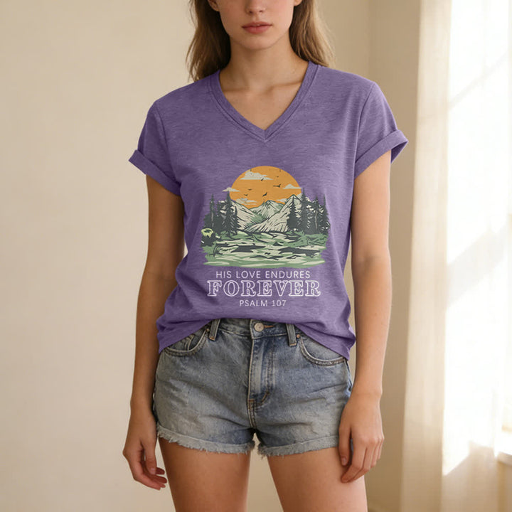 Christianartworkshop His Love Endures Forever Psalm 107 Mountain Scenery Print Casual V-neck T-shirt - image 17