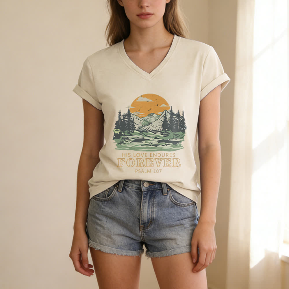 Christianartworkshop His Love Endures Forever Psalm 107 Mountain Scenery Print Casual V-neck T-shirt - image 3