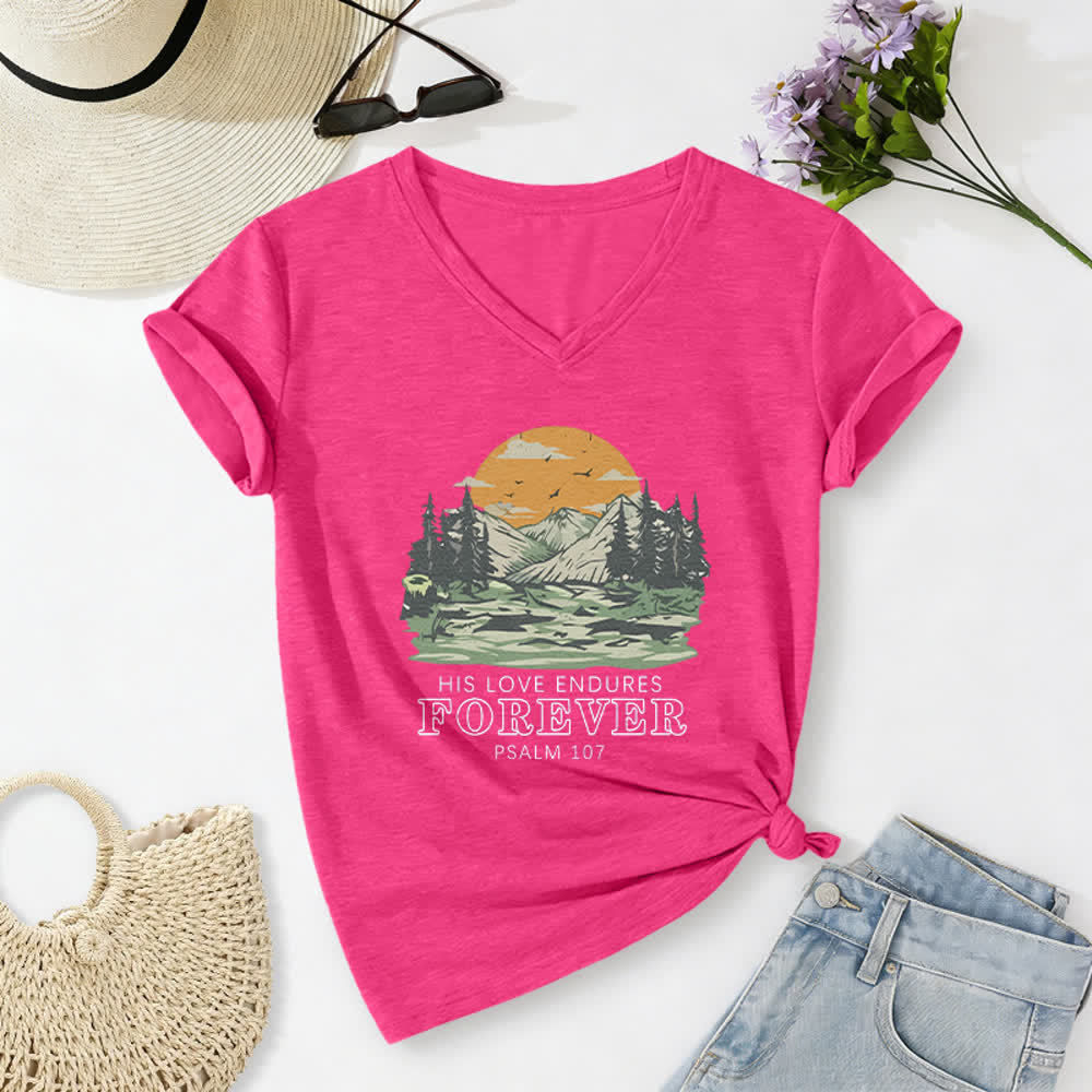 Christianartworkshop His Love Endures Forever Psalm 107 Mountain Scenery Print Casual V-neck T-shirt - Rose - 2XL - image 22