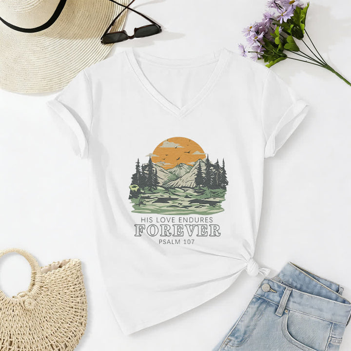 Christianartworkshop His Love Endures Forever Psalm 107 Mountain Scenery Print Casual V-neck T-shirt - White - 2XL - image 4