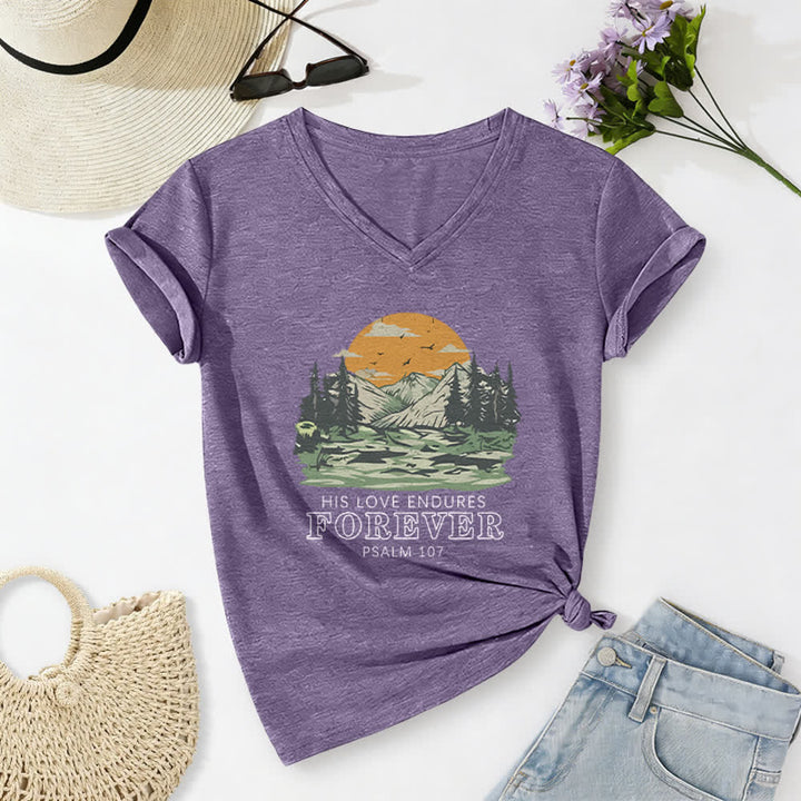 Christianartworkshop His Love Endures Forever Psalm 107 Mountain Scenery Print Casual V-neck T-shirt - Purple - 2XL - image 16