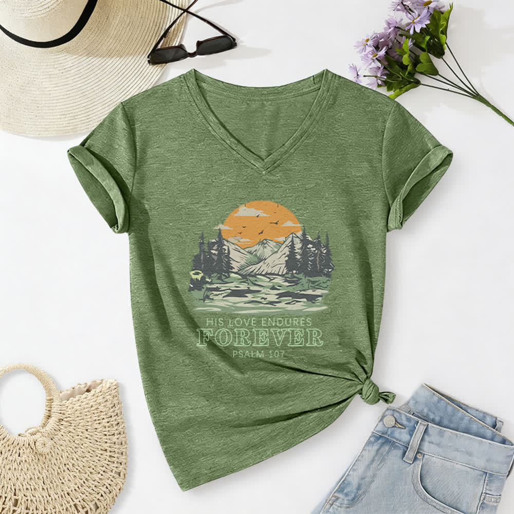 Christianartworkshop His Love Endures Forever Psalm 107 Mountain Scenery Print Casual V-neck T-shirt - Olive Green - 2XL - image 6
