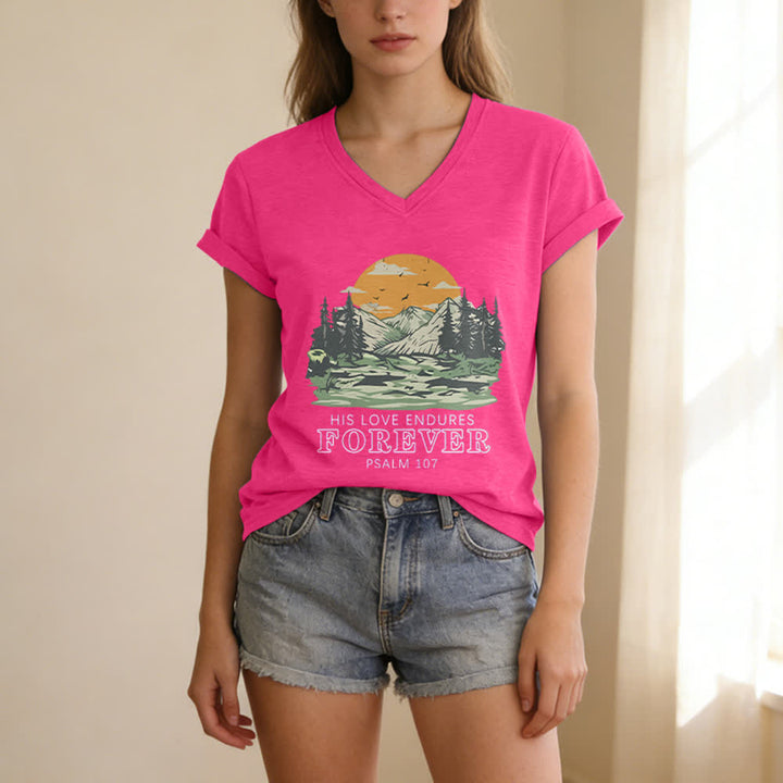 Christianartworkshop His Love Endures Forever Psalm 107 Mountain Scenery Print Casual V-neck T-shirt - image 23