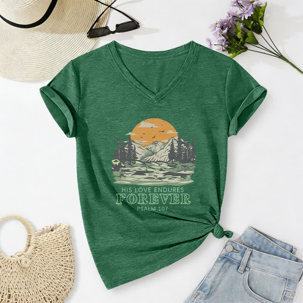 Christianartworkshop His Love Endures Forever Psalm 107 Mountain Scenery Print Casual V-neck T-shirt - Dark Green - 2XL - image 10