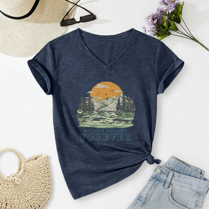 Christianartworkshop His Love Endures Forever Psalm 107 Mountain Scenery Print Casual V-neck T-shirt - Navy Blue - 2XL - image 8