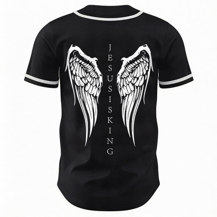 Christianartworkshop Jesus Is King Angel Wings Cross Faith Statement Custom Baseball Jersey - image 1