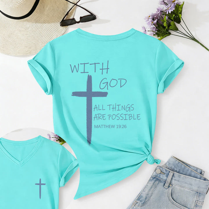 Christianartworkshop Dual-Side Cross With God All Things Are Possible Matthew 19:26 Letter Print Casual V-neck T-shirt - Sky Blue - 2XL - image 50