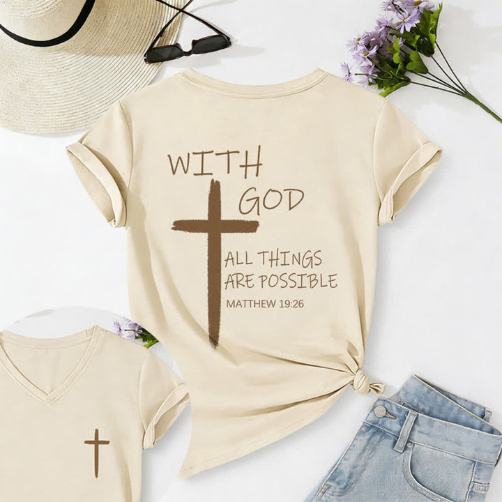 Christianartworkshop Dual-Side Cross With God All Things Are Possible Matthew 19:26 Letter Print Casual V-neck T-shirt - Beige - 2XL - image 5