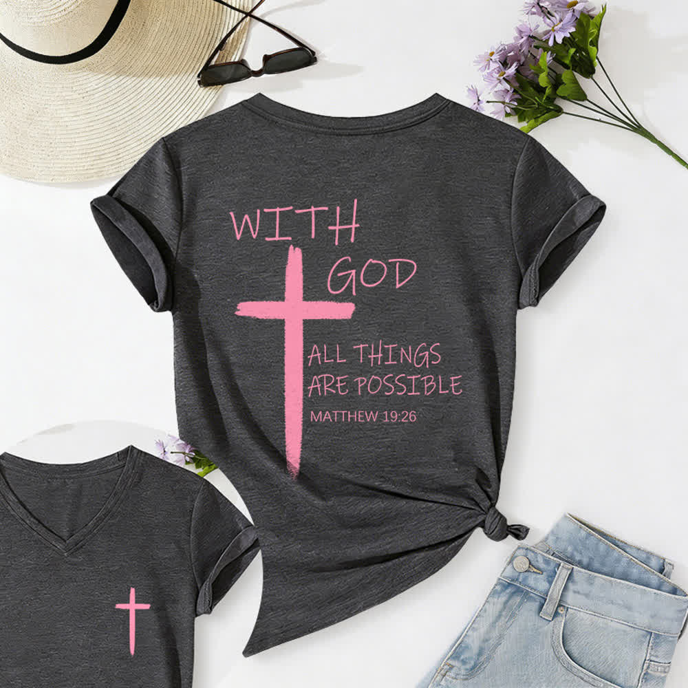 Christianartworkshop Dual-Side Cross With God All Things Are Possible Matthew 19:26 Letter Print Casual V-neck T-shirt - Dark Grey - 2XL - image 15