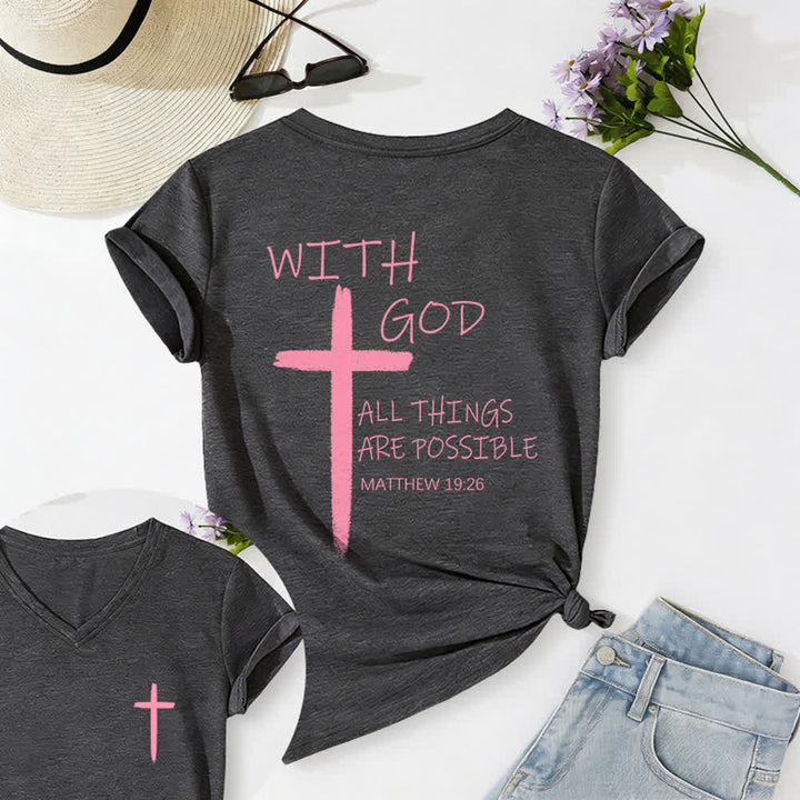 Christianartworkshop Dual-Side Cross With God All Things Are Possible Matthew 19:26 Letter Print Casual V-neck T-shirt - Dark Grey - 2XL - image 15