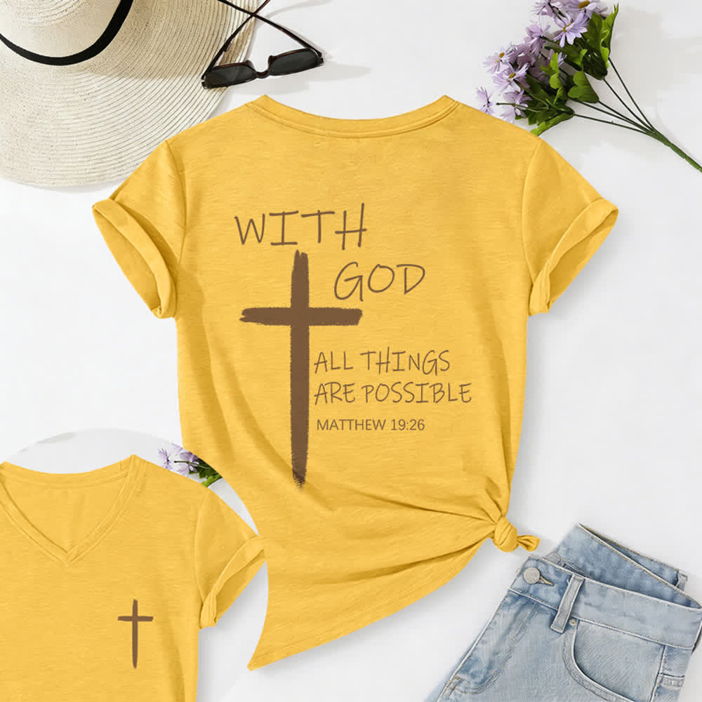 Christianartworkshop Dual-Side Cross With God All Things Are Possible Matthew 19:26 Letter Print Casual V-neck T-shirt - Yellow - 2XL - image 60