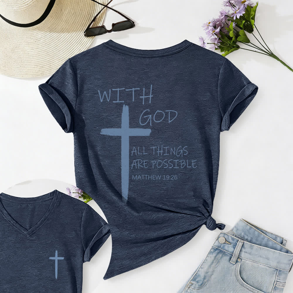 Christianartworkshop Dual-Side Cross With God All Things Are Possible Matthew 19:26 Letter Print Casual V-neck T-shirt - Navy Blue - 2XL - image 0