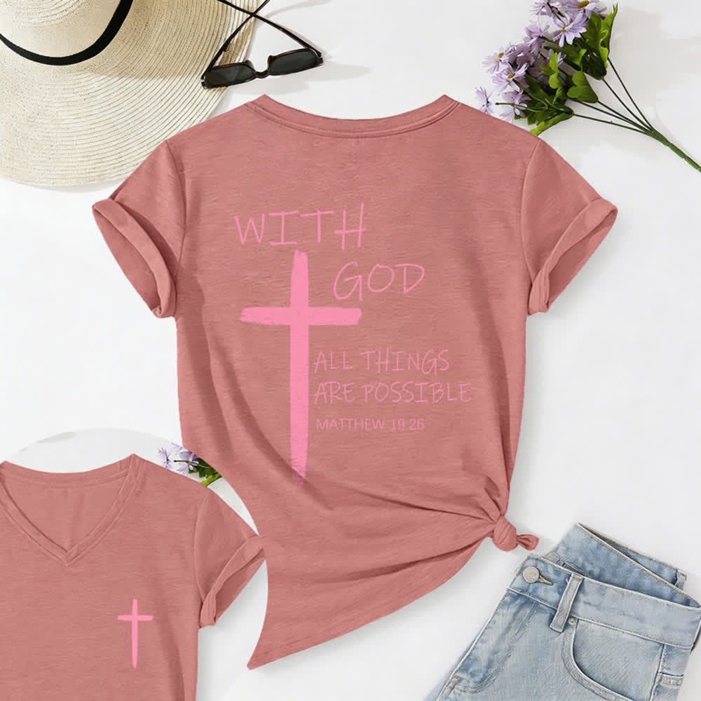 Christianartworkshop Dual-Side Cross With God All Things Are Possible Matthew 19:26 Letter Print Casual V-neck T-shirt - Light Pink - 2XL - image 45