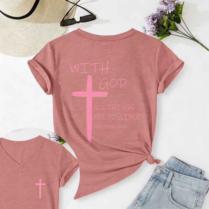 Christianartworkshop Dual-Side Cross With God All Things Are Possible Matthew 19:26 Letter Print Casual V-neck T-shirt - Light Pink - 2XL - image 45