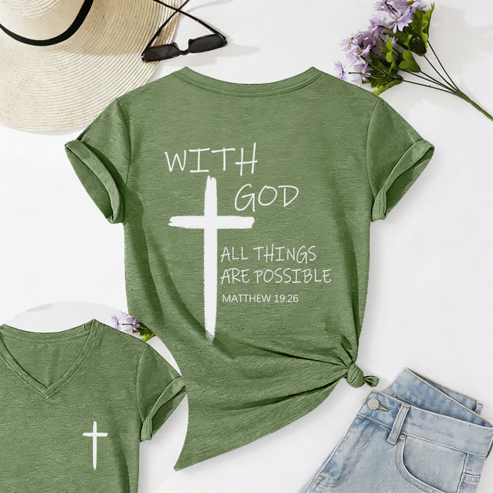 Christianartworkshop Dual-Side Cross With God All Things Are Possible Matthew 19:26 Letter Print Casual V-neck T-shirt - Olive Green - 2XL - image 20