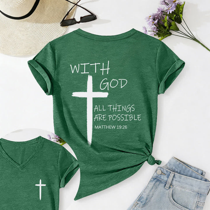 Christianartworkshop Dual-Side Cross With God All Things Are Possible Matthew 19:26 Letter Print Casual V-neck T-shirt - Dark Green - 2XL - image 25