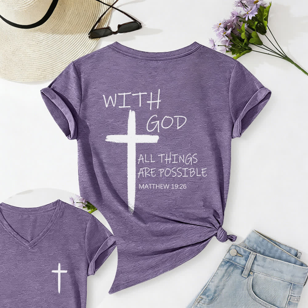 Christianartworkshop Dual-Side Cross With God All Things Are Possible Matthew 19:26 Letter Print Casual V-neck T-shirt - Purple - 2XL - image 40