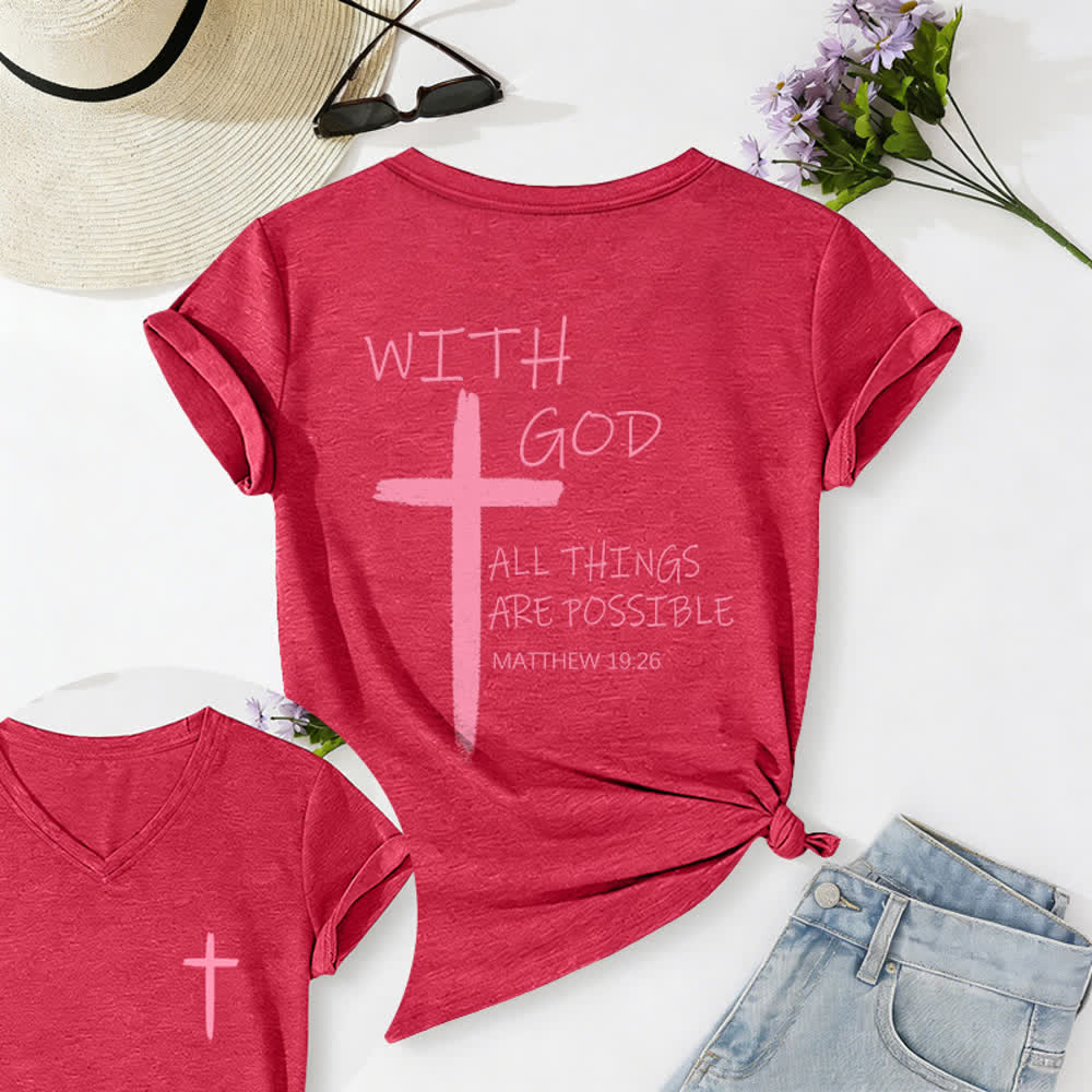 Christianartworkshop Dual-Side Cross With God All Things Are Possible Matthew 19:26 Letter Print Casual V-neck T-shirt - Red - 2XL - image 35