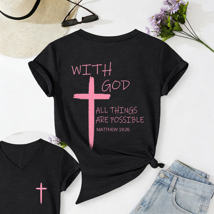 Christianartworkshop Dual-Side Cross With God All Things Are Possible Matthew 19:26 Letter Print Casual V-neck T-shirt - Black - 2XL - image 30