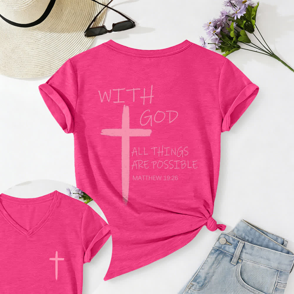 Christianartworkshop Dual-Side Cross With God All Things Are Possible Matthew 19:26 Letter Print Casual V-neck T-shirt - Rose - 2XL - image 55