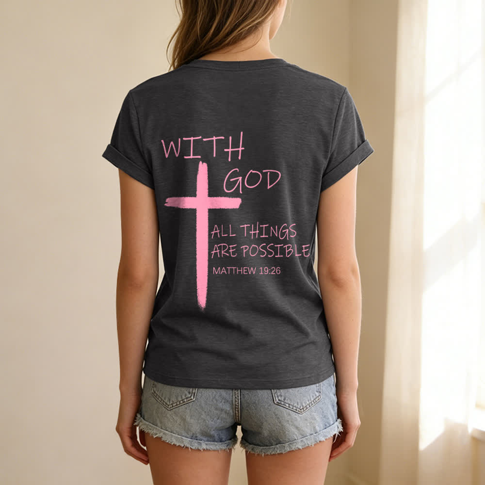 Christianartworkshop Dual-Side Cross With God All Things Are Possible Matthew 19:26 Letter Print Casual V-neck T-shirt - image 18