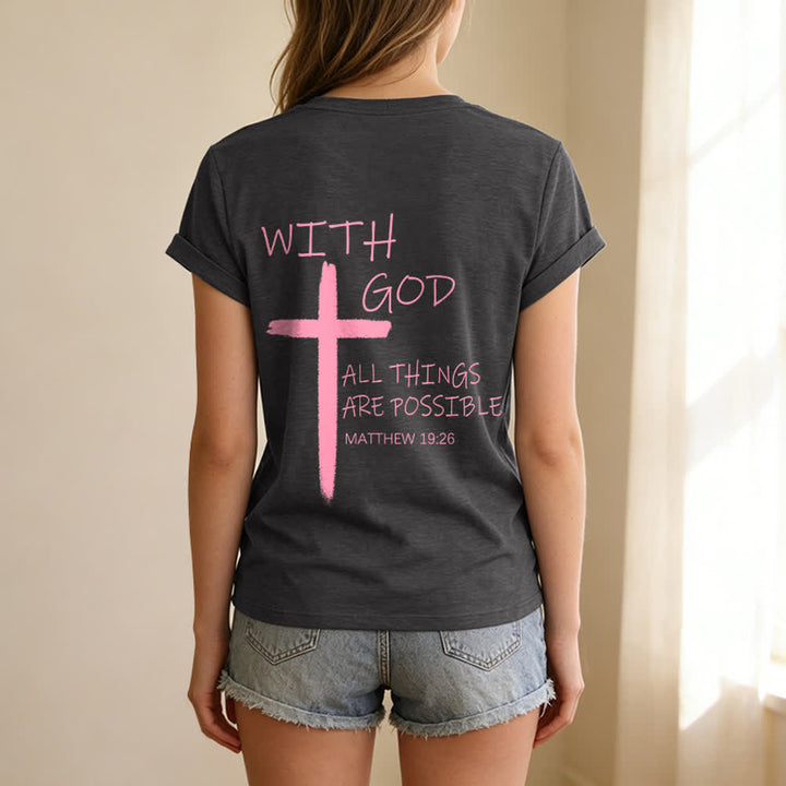 Christianartworkshop Dual-Side Cross With God All Things Are Possible Matthew 19:26 Letter Print Casual V-neck T-shirt - image 18