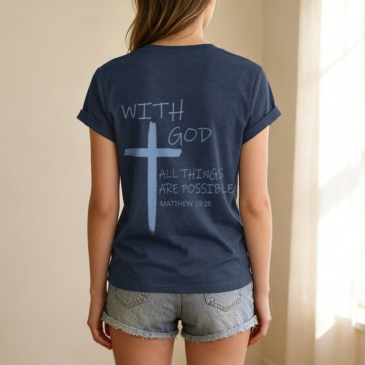 Christianartworkshop Dual-Side Cross With God All Things Are Possible Matthew 19:26 Letter Print Casual V-neck T-shirt - image 3