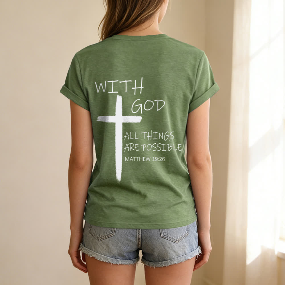 Christianartworkshop Dual-Side Cross With God All Things Are Possible Matthew 19:26 Letter Print Casual V-neck T-shirt - image 23