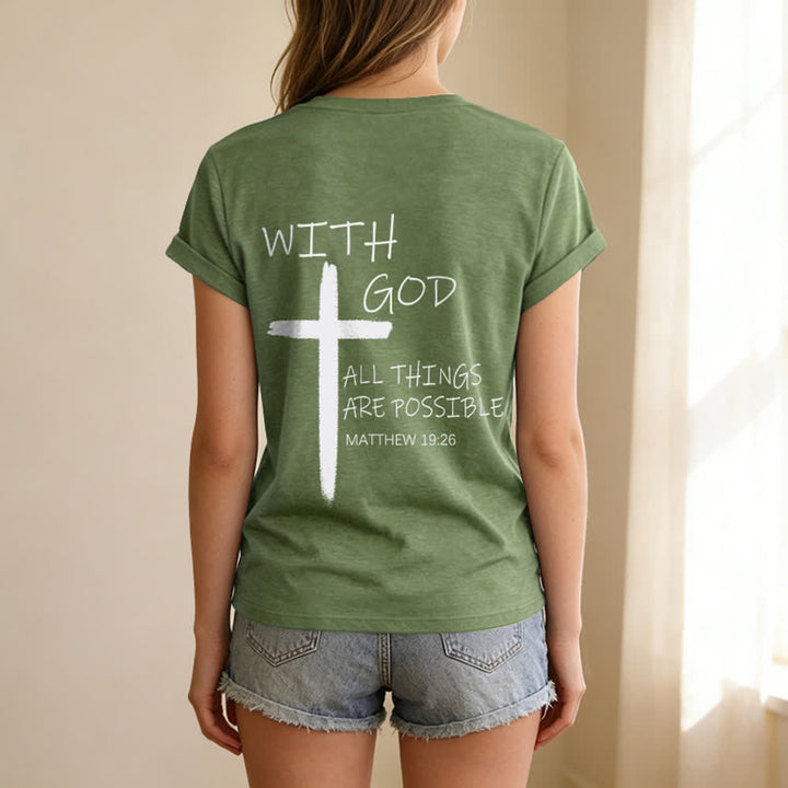 Christianartworkshop Dual-Side Cross With God All Things Are Possible Matthew 19:26 Letter Print Casual V-neck T-shirt - image 23