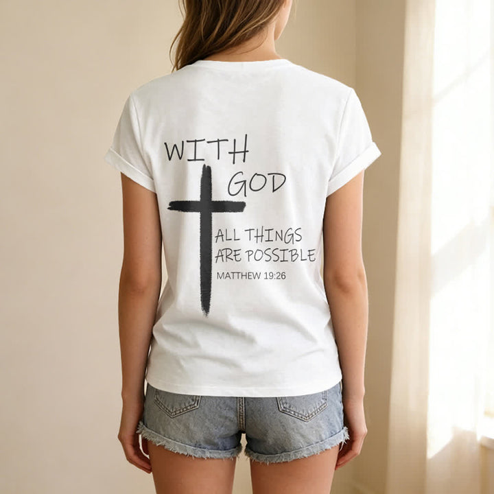 Christianartworkshop Dual-Side Cross With God All Things Are Possible Matthew 19:26 Letter Print Casual V-neck T-shirt - image 13