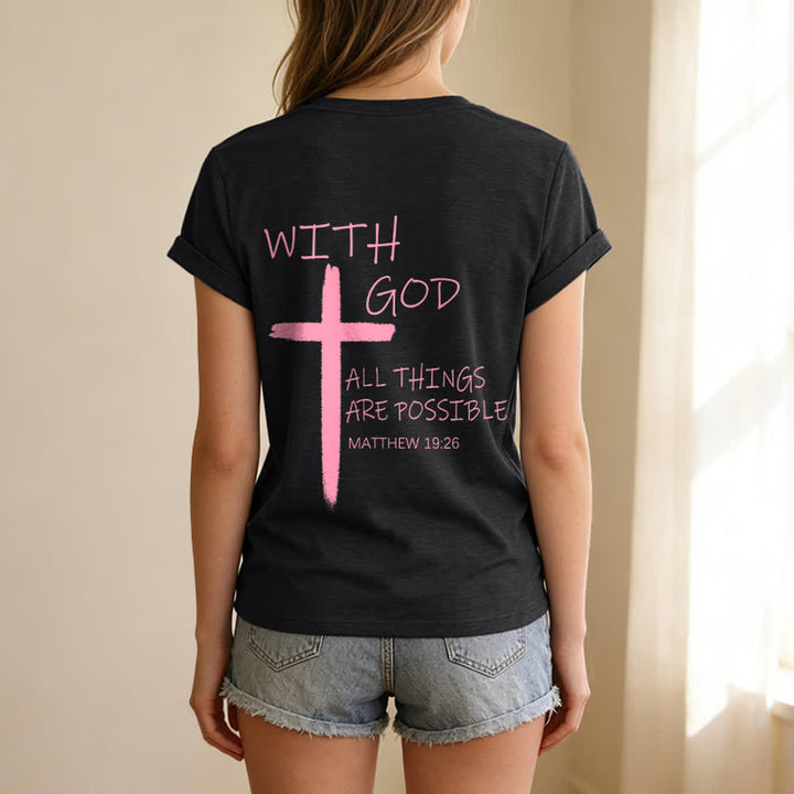 Christianartworkshop Dual-Side Cross With God All Things Are Possible Matthew 19:26 Letter Print Casual V-neck T-shirt - image 33