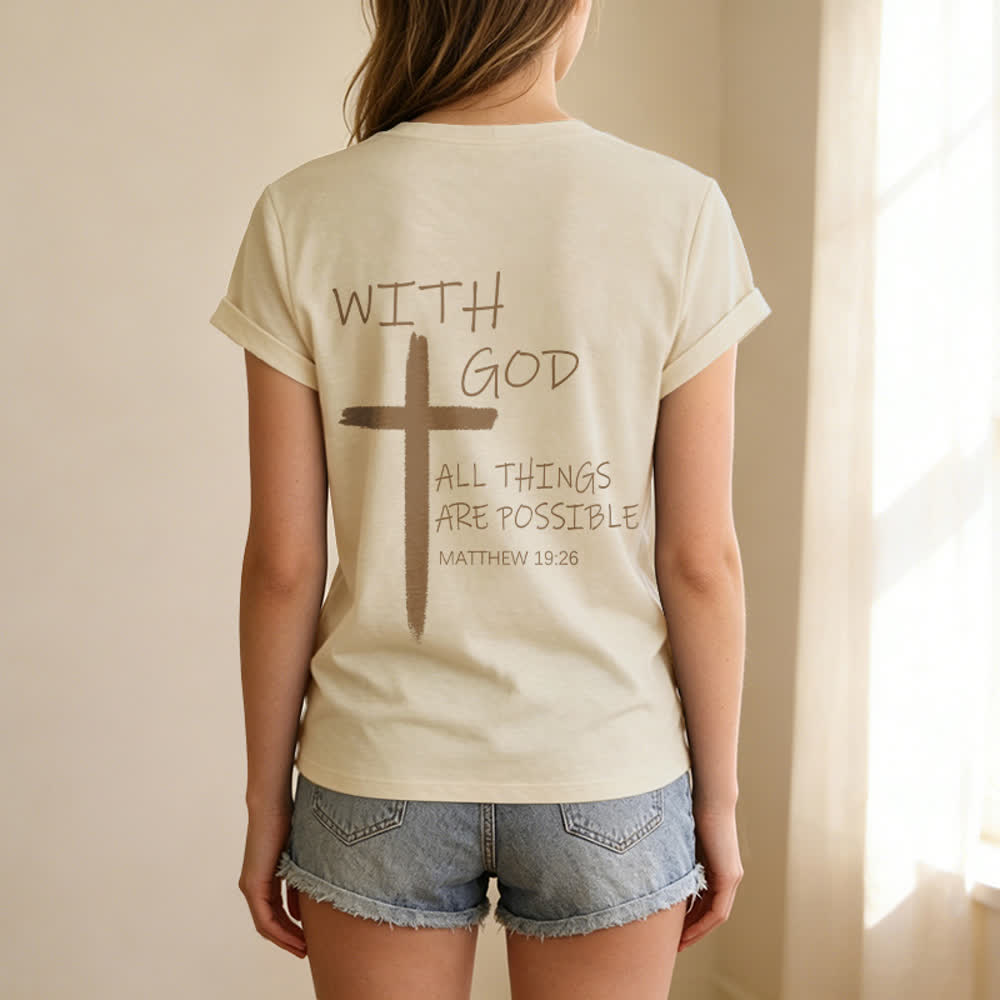 Christianartworkshop Dual-Side Cross With God All Things Are Possible Matthew 19:26 Letter Print Casual V-neck T-shirt - image 8