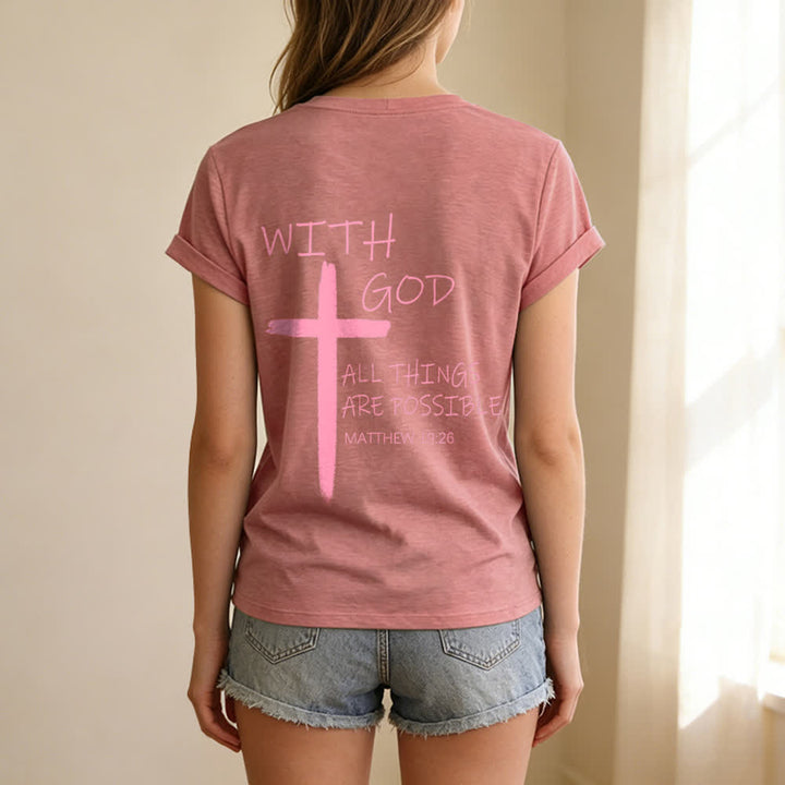 Christianartworkshop Dual-Side Cross With God All Things Are Possible Matthew 19:26 Letter Print Casual V-neck T-shirt - image 48